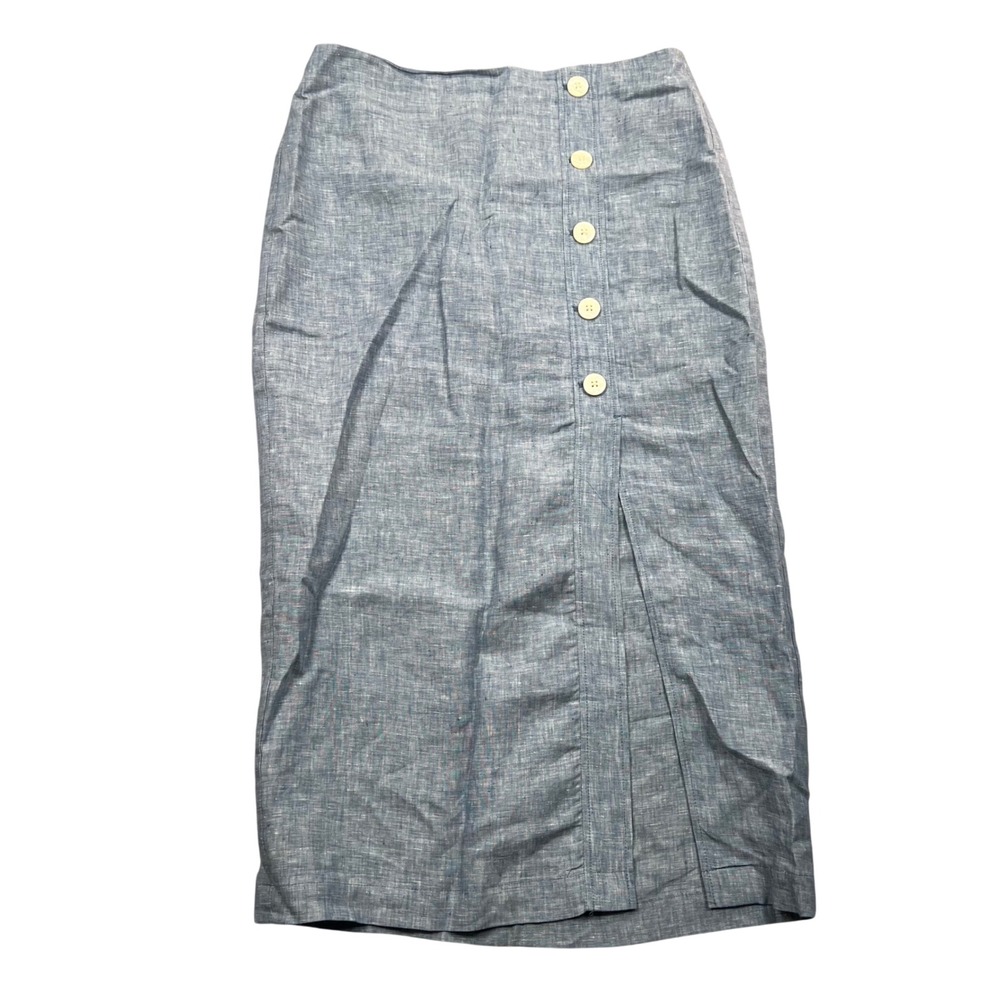 LOFT Midi Skirt Women 10 Blue 100% Linen Button Front Slit Faux Wrap Skirt